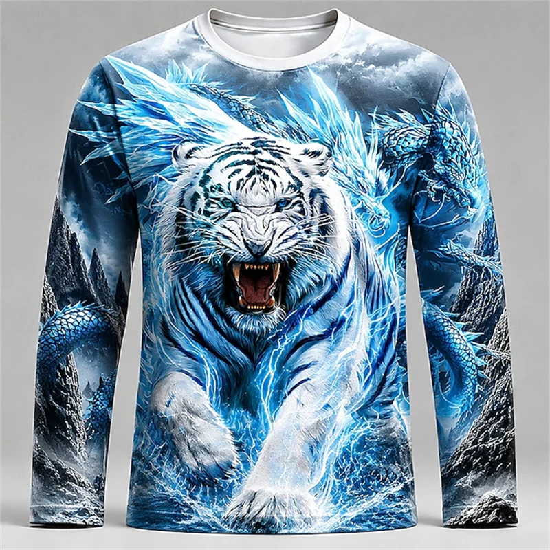 Tee Graphic Print - Heren blauw wit tijger drakenprint shirt